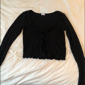 Garage Croppped Tie-front long sleeve tee/cardigan ribbed size small bla…